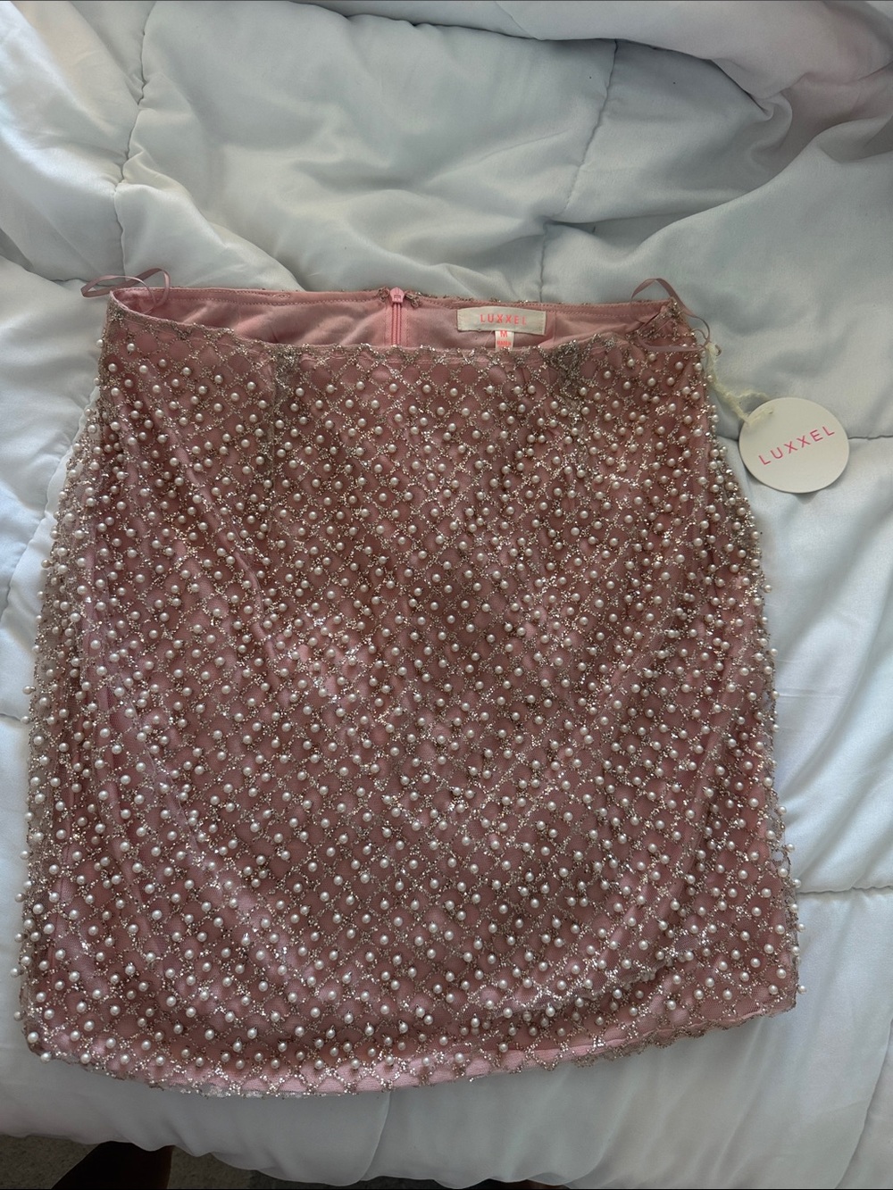 Luxxel Blush Pink Pearl-Studded Mini Skirt